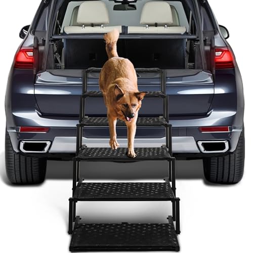Extra Wide Dog Stairs for Car - Foldable Dog Ramps for Large Dogs with Non Slip Surface, Portable Dog Steps for Cars and SUV, Truck, Support Up to 250 Lbs - color: Black, size: Wide 6 Steps