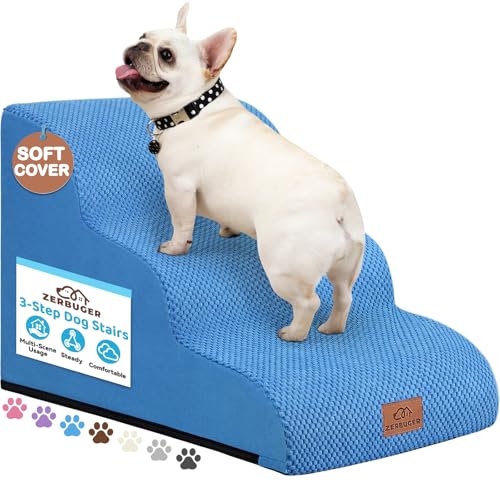 Zerbuger Dog Ramp and Stair for Bed 16" H-20 H,3-Step Cat Stair for Sofa and Chair,4-Step Dog Ramp for High Bed and Window,Durable Nonslip Fabric Cover for Indoor (Blue-16“H, Pet Friendly, 3) - color: Blue