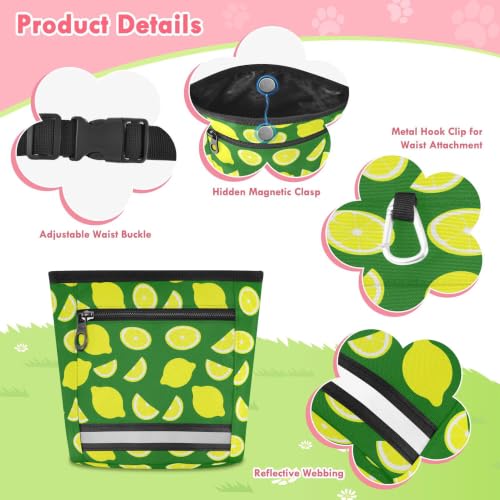 Lemon Water-Resistant Dog Treat Pouch, 3 Ways to Wear Treat Bag with Magnetic Closure & Reflective Strip, Hands-Free for Pet Training, Walking