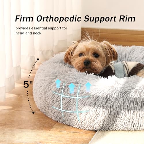 NOYAL Calming Donut Dog Bed for Small to Medium Dogs & Cats - Plush Faux Fur Anti-Anxiety Pet Bed with Machine Washable Cover & Non-Slip Base - color: Light gray, size: X-Small 15.7''