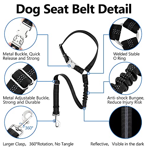 Plutus Pet Dog Seat Belt for Car Headrest, Reflective and Adjustable Restraint with Elastic Bungee for Safety, Vehicle Seatbelt Harness for Small Medium Large Dogs and Cats - color: Black