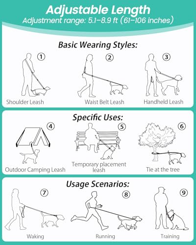 Hands Free Dog Leash, 5.1-8.9Ft Crossbody Long Leash | Adjustable Dog Waist Belt for Medium Dogs, Waist Leash for Dog Walking & Running & Training &Travel etc.(Grey Green) - color: Grey Green