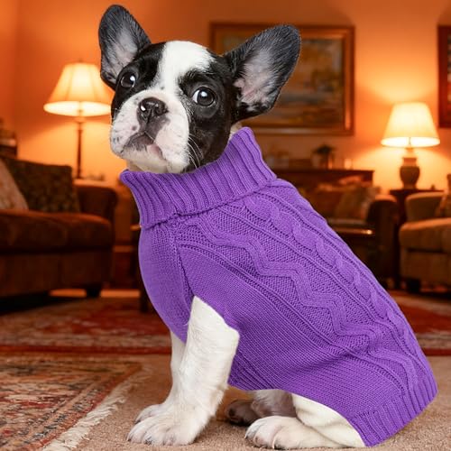 Dog Sweaters for Small Dogs Warm Dog Clothes Winter Chihuahua Clothes Girl Boy Puppy Sweater Knitted Doggy Coat Soft Mini Dachshund Sweater with Turtleneck Pullover Design(D-Purple, Large) - color: D-Purple, size: Large