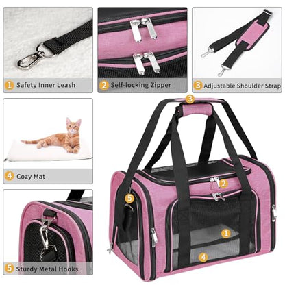 Soft-Sided Cat/Dog/Pet Carrier, Collapsible Pets Travel Carriers for Big Cats/Small Dogs with Shoulder Strap & Removable Mat, Mesh Puppy Carry Bag, Up to 25 Lbs (Pink) - color: PINK, size: 20"L x 13"W x 13"H