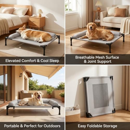 ALPHA TEC Elevated Dog Cot Bed with Plush Padded Bolster, High-Ventilation Mesh, Steel Frame, Non-Slip Feet, Gray (Large)