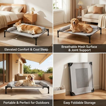 ALPHA TEC Elevated Dog Cot Bed with Plush Padded Bolster, High-Ventilation Mesh, Steel Frame, Non-Slip Feet, Gray (Large)