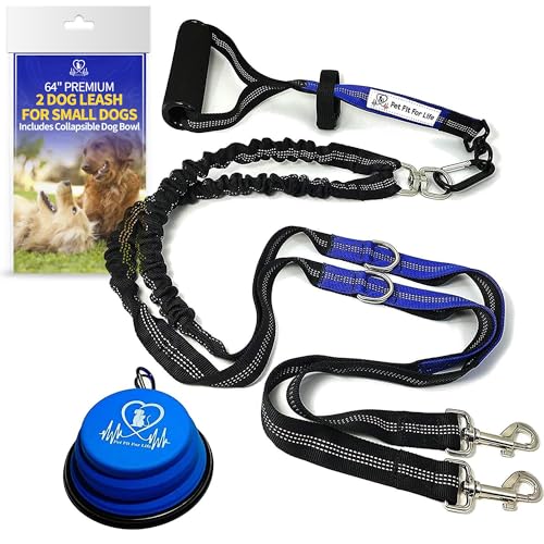 Pet Fit For Life 64" Double Dog Leash – Premium Dual Leash for Two Dogs w/Shock-Absorbing Bungee | Durable Soft Foam Handle for Comfort & Control | Includes Bonus Collapsible Travel Water Bowl - size: Large