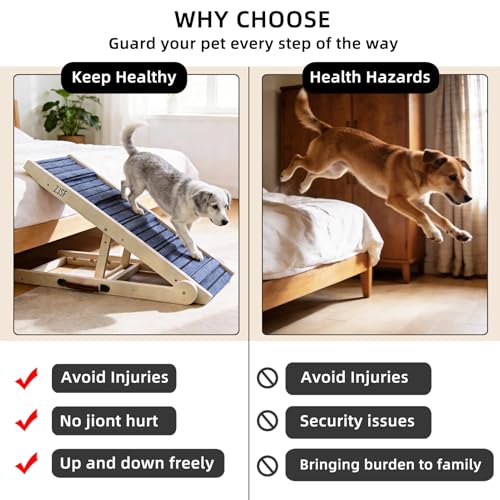 ZJSF Foldable Dog Ramp for High Bed, Wooden Dog Stairs to Bed for Small and Large Dogs, High Traction Platform with 6 Adjustable Heights (13.5"-30"), 48" L, Supports up to 230 lbs - size: 48"L X 17.4"W