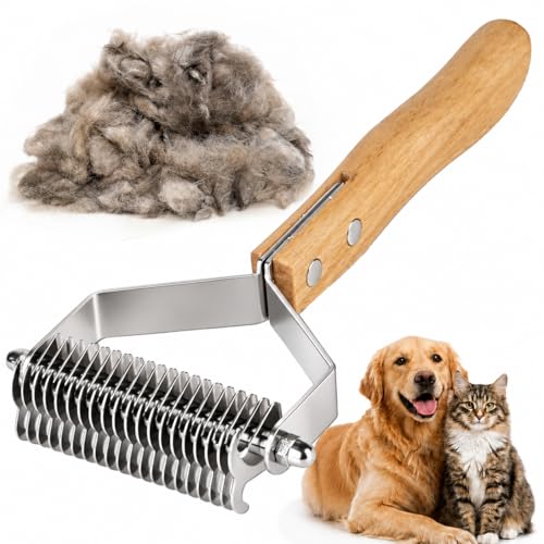 Dog Brush for Shedding, Deshedding Brush and Undercoat Rake for Dogs, Grooming Tool for Long Haired Pets, Hair Brush and Shedding Tool for Thick Coats with Bamboo Handle - color: Bamboo