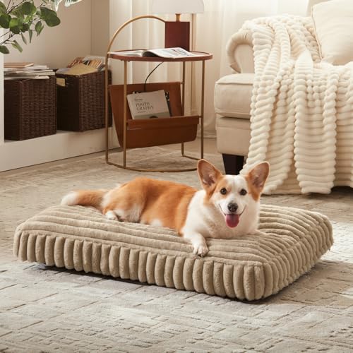 Dog Bed Medium Size Dog, Flat Pet Beds with Removable Washable Cover, Pet Mat Cute Crate Bed Thick Shredded Chopped Crate Foam & Anti Slip Bottom for Indoor, Beige - color: Beige, size: M(29"x21"x3")