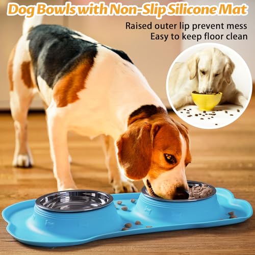 Hubulk Pet Dog Bowls 2 Stainless Steel Dog Bowl with No Spill Non-Skid Silicone Mat + Pet Food Scoop Water and Food Feeder Bowls for Feeding Small Medium Large Dogs Cats Puppies (Medium, Turquoise) - color: Turquoise, size: Medium