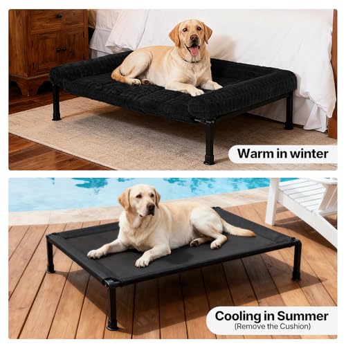 Veehoo Elevated Dog Bed Large Sized with Fluffy Plush Bolster Cushion, Washable Orthopedic Dog Couch Bed, Cooling Raised Pet Cot with Removable Mat, Breathable Mesh, No-Slip Feet, 42x 30 inches, Black - color: Black, size: 42"L x 30"W x 7.9"Th