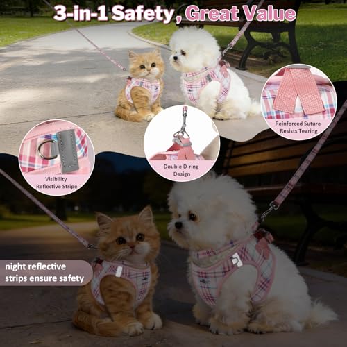 Gyuzh Small Dog Harness and Leash Set for Puppy & Kitten - 3-in-1 No Pull Step in Vest Collar, Lightweight Reflective Plaid, Padded Handle (Pink, XS) - color: Pink, size: XS