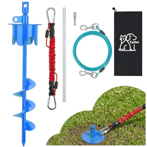 Dog Stakes for Outside Heavy Duty Hold up to 350Lbs Large Dogs Tie Out Tether Leash Chain for Yard Screw in Ground Anchors 17inch with Buffer Rope, Blue, 15 FT Steel Cable - color: Blue, size: 17IN Stake+15FT Cable