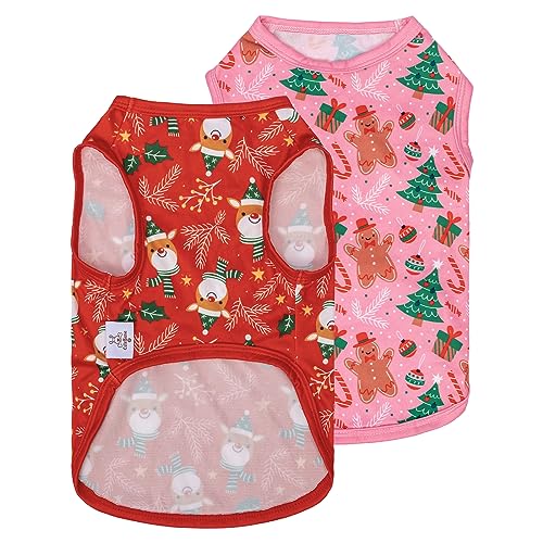 CuteBone Dog Shirts 2-Pack Soft Pet Clothes Breathable Summer Vest for Small Puppy and Stretchy Cat Apparel - color: Gingerbread man&reindeer, size: Small