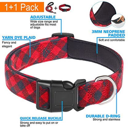 Ladoogo Reflective Dog Collar Padded with Soft Neoprene Breathable Adjustable Nylon Dog Collars for Small Medium Large Dogs (X-Small (Pack of 1), Red Plaid Collar+Leash) - color: Red Plaid Collar+Leash, size: X-Small (Pack of 1)