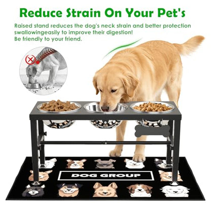 SHAINFUN Metal Elevated Dog Bowls Stand for Large Dogs with Mat & Three 58oz Food Water Bowls, Adjustable Height Raised Dog Bowl Stand - color: Black-1.7L-Three