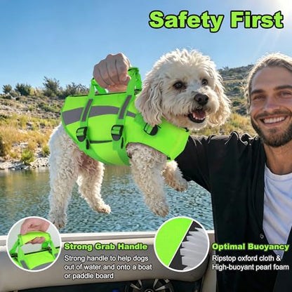 Dogcheer Dog Life Vest High Buoyancy Safety Jacket with Rescue Handle, Dog Swim Vest with Zipper, Reflective Adjustable Dog Flotation Vest for Water Swimming Boating - Green, M - color: Green, size: Medium