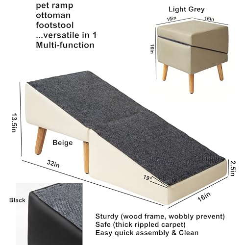Foldable Dog Ramp Split Ottoman Outdoor seat footrest Stool Couch Sofa Furniture Car RV Side Door, Small Medium Senior Injured cat pet (Light Gray, Ramp 13.5" H x 32" L x 16" W (Ottoman: 16in Cube))