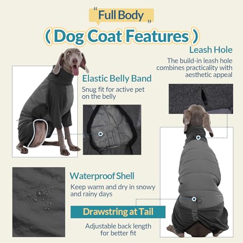 ROZKITCH Waterproof Dog Coats for Large Dogs Winter, Warm Fullbody Clothes Jumpsuit, Cold Weather Coats Pajamas, Four-Legged Snowsuit with Leash Hole, Large Dog Fleece Vest Grey L - color: Grey, size: L(Chest: 24-28"; Back:20-21")