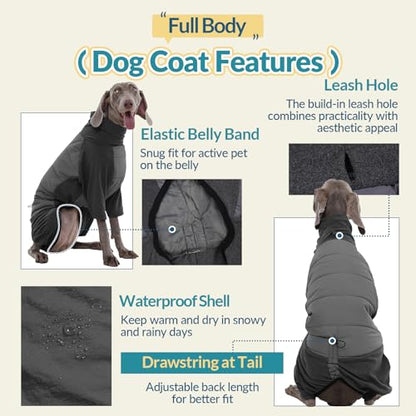 ROZKITCH Dog Coats for Large Dogs Winter Waterproof, Fullbody Clothes Jumpsuit, Cold Weather Coats Pajamas, Four-Legged Snowsuit with Leash Hole, Large Dog Fleece Vest Grey XL - color: Grey, size: XL(Chest: 26-31"; Back:22-23")