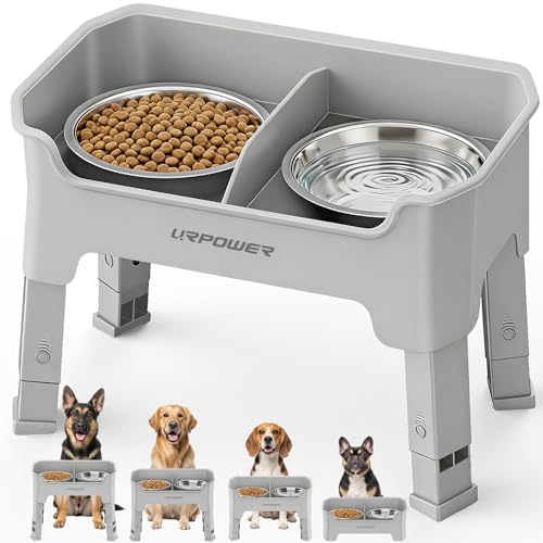 URPOWER Mess Proof Elevated Dog Bowls, High Wall Splash Guard Design, 4 Height Adjustable Raised Bowl Stand, 2 Stainless Steel Bowls, Non-Slip Food Water Set for Small Medium Large Dogs - color: Light Grey, size: Medium