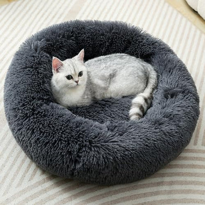 Cat Bed Plush Donut Dog Bed Fluffy Calming Pet Bed Dog Round Bed Cat Round Bed Warm Kitten Nest Rabbit Cave Kitten Bed Ideal for Small 3KG Pet - color: Dark Gray, size: 35CM