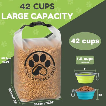 Pet Food Storage Bag for Travel - Transparent Leak-Proof Dog Food Container with Roll-Top Closure, Keeps Kibble Fresh for Camping Trip, Dog Boarding, Weekend Getaways (42 Cups+bowl) - size: 42 Cups+bowl