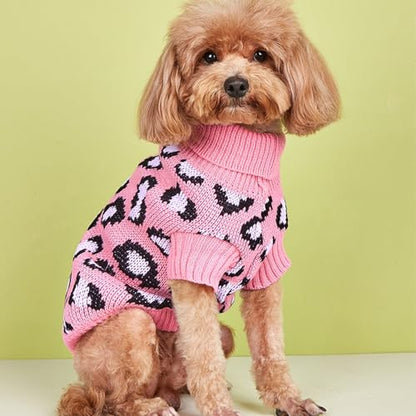 Leopard Knit Sweaters for Small Dogs, Pink Turtleneck Pullover for Pet, Puppies Cats Winter Sweater for Valentines Day Holiday - size: M ( Back 14'', Chest 13 '' )