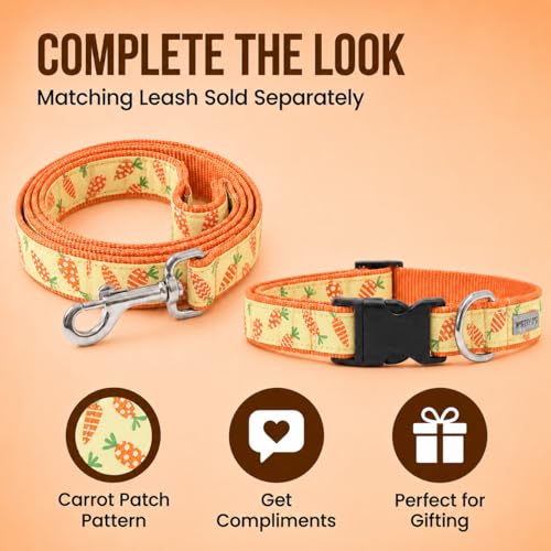 THE WORTHY DOG Spring Holiday Crazy Carrots Dog Collar – Durable Nylon, Woven Ribbon, Quick-Release Buckle, Nickel D-Ring – Green, Medium - color: Crazy Carrots - Green, size: Medium