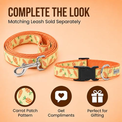 THE WORTHY DOG Spring Holiday Crazy Carrots Dog Collar – Durable Nylon, Woven Ribbon, Quick-Release Buckle, Nickel D-Ring – Green, Medium - color: Crazy Carrots - Green, size: Medium