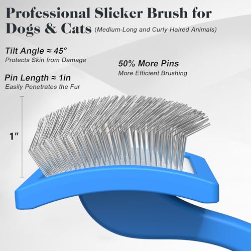 2PCS Slicker Brush for Dogs & Pet Comb,Professional Dog Grooming Brush (Goldendoodles,Poodles,Labradoodles) with Extra Long Pins to Effectively Remove Tangles, Knots and Mats (Blue, Large) - color: Blue, size: Large