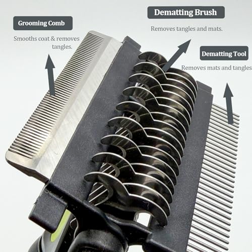 3-in-1 Pet Grooming Comb Dematting Tool - Double Sided Shedding, Dematting Undercoat Rake for Dogs and Cats, Grooming Brush with Stainless Steel Teeth, Detangler Comb for Matted Fur Removal
