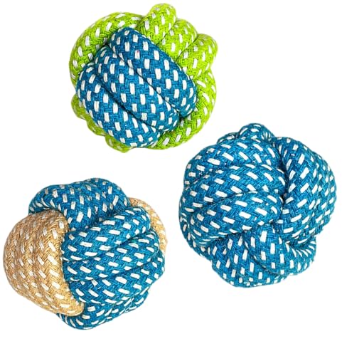 Cotton Rope Knot Ball / 3 Cotton Balls for Fetching Catch Chewing Teething/Toys for Small Dogs Indoor or Outdoor Play/Fetch and Catch Toy/Dog Dental Hygiene Ball - color: Blue Random Variations