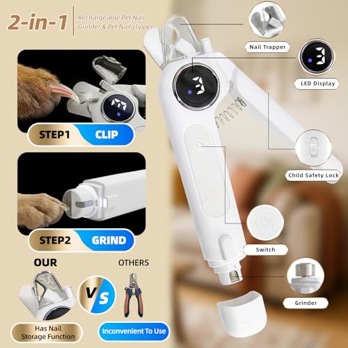 2-in-1 Cat Nail Clippers & Dog Nail Clippers with Light, Rechargeable Pet Nail Trimmer for Dogs & Cats, Quiet Electric Nail File with Safety Guard, Nail Catcher & 3 Speeds for Small Medium Large Pets - color: white