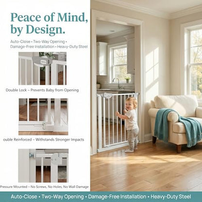 Safety Gate for Stairs & Doorways, Auto-Close Baby Gate or Dog Gate – Pressure Mount No Drilling, 30" Tall All Metal Frame with Dual Locking System (White, 30" Tall 29"-33" Wide) - size: 30"Tall 29"-33" Wide