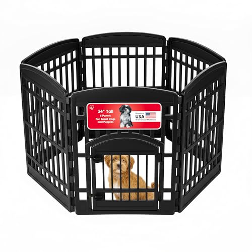 IRIS USA Dog Playpen with Door, 34” 6 Panel Pet Exercise Pen – Indoor Outdoor Puppy Play Pen, Portable Plastic Pet Fence for Small Medium Dogs, Foldable 44” x 63” x 34”, Black - color: Black, size: 6 Panel - 34" H
