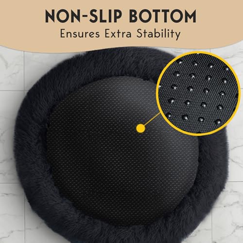 PetJett Large Dog Bed - 36'' Calming Donut Dog Beds, Anti-Slip & Washable Large Round Bed, Fluffy Faux Fur Pet Bed, Super Soft Anti-Anxiety Premium Comfort Bed, Fits Dogs up to 80 lbs - Black - color: Black, size: Large - 36”L x 36”W x 8”Th
