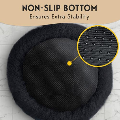 PetJett Large Dog Bed - 36'' Calming Donut Dog Beds, Anti-Slip & Washable Large Round Bed, Fluffy Faux Fur Pet Bed, Super Soft Anti-Anxiety Premium Comfort Bed, Fits Dogs up to 80 lbs - Black - color: Black, size: Large - 36”L x 36”W x 8”Th