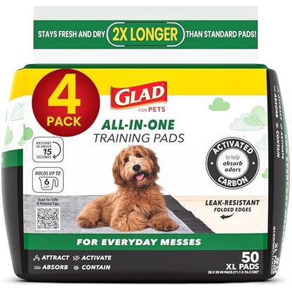 Glad for Pets Extra Large Charcoal Dog Training Pads, Absorbent Leak Proof Pee Pads for Dogs and Puppies, Odor Control Potty Pads with Activated Carbon, 28 x 30 Inches, 50 Count - 4 Pack - size: 50 Count (Pack of 4)