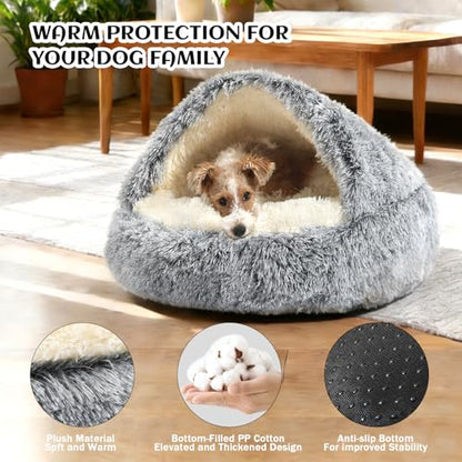NOYAL Round Hooded Donut Dog Bed for Small & Medium Pets - Plush Fluffy Anti-Anxiety Cat Cave Bed with Cover - color: Gradient Dark grey, size: Medium 23.6''