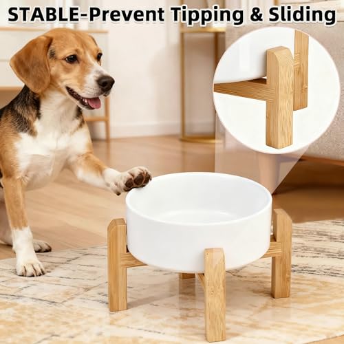 Elevated/Raised Ceramic Dog Bowl with Bamboo Stand，6 Inch 3.6 Cups Non Slip Heavy Weighted Single Pet Dish, for Small Medium Breed & Cats,Reduces Neck Strain White - color: White, size: 3.6 Cups - Medium