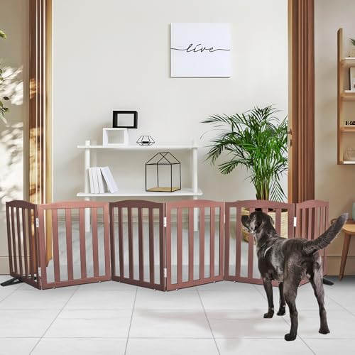 Freestanding Dog Gate Indoor,Doggie Gate Foldable Pet Gates for Doorways,Stairs or Hallways, Wooden Brown Pet Gate for the House, Pet Fence with Support Feet Included,24 "Height-6 Panels - color: Brown, size: 【6 Panels】120‘’w x 24''h