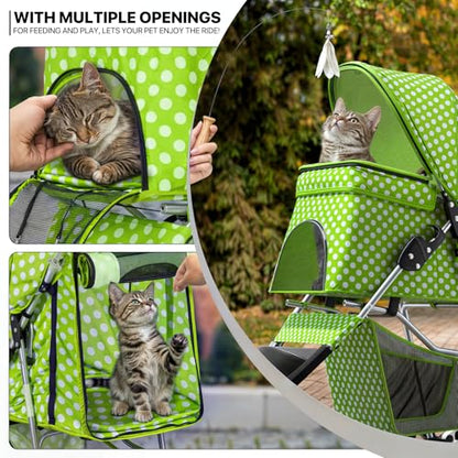MoNiBloom 3 Wheels Pet Dog Cat Stroller for Small Medium Dogs Cats, Foldable Jogger Stroller w/Storage Basket and Cup Holder, Lawn Green Polka Dots - color: Lawn Green Polka Dots