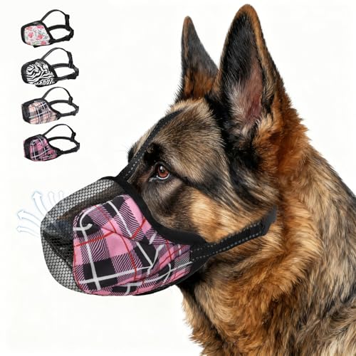 KOOLTAIL Dog Muzzle, Soft Muzzle for Small Medium Large Sized Dogs to Anti & Prevent Barking Grooming Biting, Reflective Adjustable Air Mesh Basket Muzzles, Allows Panting and Drinking, Pink Plaid M - color: Pink Plaid, size: X-Small