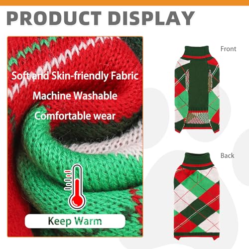 KOOLTAIL Dog Christmas Sweater Pet Knitted Clothes - Classic Plaid Pull Over Turtleneck Dog Sweaters with Leash Hole Warm Dogs Winter Clothing for Small Medium Dogs Cats Puppy Boy Girl Red & Green XS - color: Red & Green, size: X-Small
