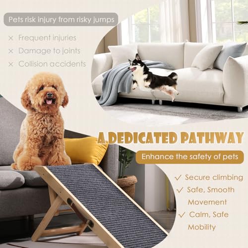 Wooden Foldable Dog Ramp for Small Dog Portable Pet Ramp,Car Ramp with Built-in Handle for Bed Car Couch Travel, 4 Adjustable Heights 9.8" to 18.1"