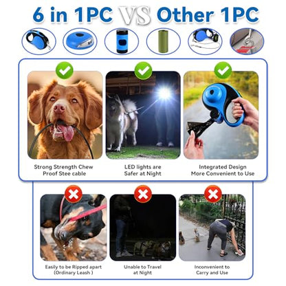 Heavy Duty Retractable Dog Leash for Large Dogs, 26ft Dog Leash with Poop Bag Holder, Up to 110lbs, chew Proof Cable, LED Light, 360° No-Tangle, One-Handed Pause & Locked (Blue, L 26ft) - color: Blue