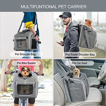 Dog Bike Basket, Expandable Soft-Sided Pet Carrier Backpack with 4 Open Doors, 4 Mesh Windows for Small Dog Cat Puppies - Grey - color: Grey-Fits 10-18 Lbs