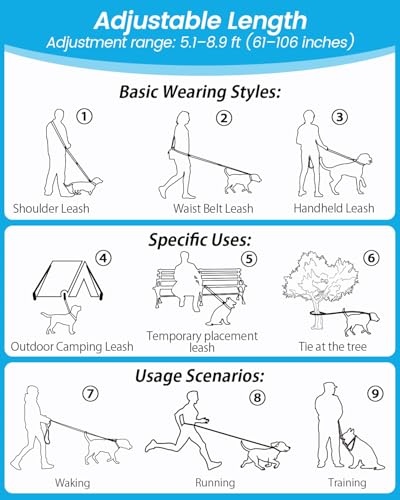 Hands Free Dog Leash, 5.1-8.9Ft Crossbody Long Leash | Adjustable Dog Waist Belt for Medium Dogs, Waist Leash for Dog Walking & Running & Training &Travel etc.(Grey Blue) - color: Grey Blue